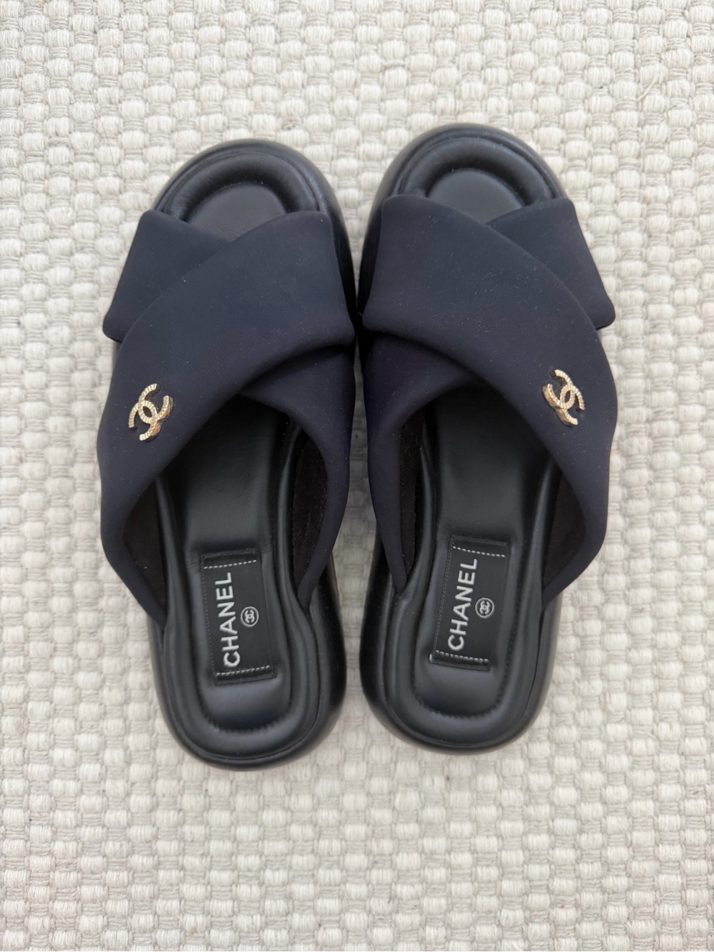 CHANEL Black Crisscross Slide Sandals with Gold CC Emblem